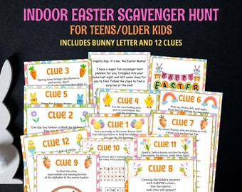 Indoor Easter Scavenger Hunt For Teens, Easter Treasure Hunt For Kids Tweens, Easter Egg Hunt For Teens, Bunny Letter, Puzzle Clue Card