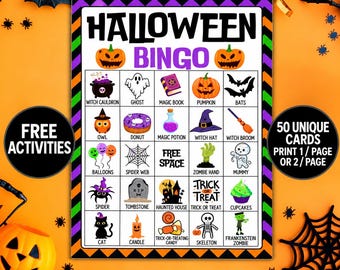 Könnte beinhalten: Eine Halloween-Bingo-Spielkarte mit einem Raster aus 25 Feldern, die bunte Illustrationen von Feiertagssymbolen wie Hexenkessel, Geist, Kürbis und Fledermäusen zeigen. Der Titel HALLOWEEN BINGO steht in schwarzer und lila Schrift auf weißem Grund.