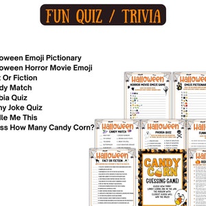 May include: A selection of Halloween quiz and trivia game sheets. Games include Emoji Pictionary, Horror Movie Emoji, Fact or Fiction, Candy Match, Phobia Quiz, Funny Joke Quiz, Riddle Me This, and a Candy Corn guessing game.