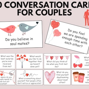 Puede incluir: Un juego de 110 tarjetas de conversación para parejas, con diversas ilustraciones y sugerencias para conversaciones significativas. Las tarjetas están impresas en cartulina blanca con corazones rosas y rojos, pájaros y otras imágenes románticas.