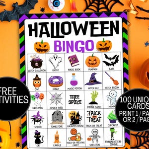 100 tarjetas de bingo de Halloween, juegos de Halloween para niños y adultos, juegos de fiesta de Halloween, actividades de Halloween, fiestas de trabajo o de clase, juegos de fiesta para niños