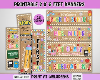 Vorlage für druckbare Banner zur Klassenzimmerdekoration für den Schulanfang, Willkommensbanner für die Tür, Türschild für den ersten Schultag für Lehrer, bearbeitbares 2x6-Banner (Canva-Vorlage)