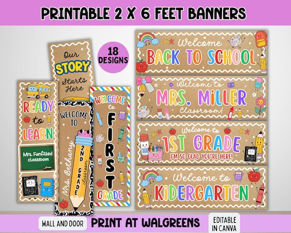 Back to School Classroom Decor Printable Banners Template, Welcome Back Door Banner, First Day Teacher Door Sign, Canva Editable 2x6 Banner