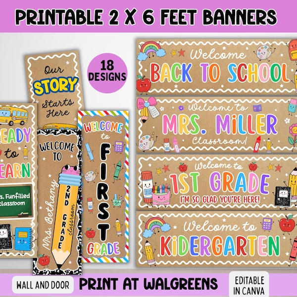 Back to School Classroom Decor Printable Banners Template, Welcome Back Door Banner, First Day Teacher Door Sign, Canva Editable 2x6 Banner