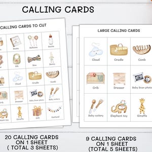 May include: Two sheets of baby-themed calling cards with watercolour illustrations. One sheet has 20 cards with images like blocks, a bear, and a giraffe. The other sheet has 9 larger cards with a cloud, crib, and baby scan photo. The text "CALLING CARDS" is at the top.