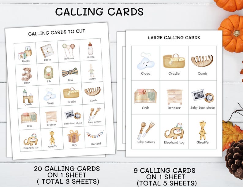 May include: Two sheets of baby-themed calling cards with watercolour illustrations. One sheet has 20 cards with images like blocks, a bear, and a giraffe. The other sheet has 9 larger cards with a cloud, crib, and baby scan photo. The text "CALLING CARDS" is at the top.