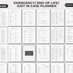 Puede incluir: Un planificador imprimible en blanco y negro con el título "Emergency/ End of Life/ Just in Case Planner" y el texto "140+ Pages" y "Descarga instantánea". El planificador está dividido en secciones con títulos como "After Death Contact", "Retirement Funds", "Family Emergency", "Funeral Arrangements", "Emergency Supplies", y "Vital Records".