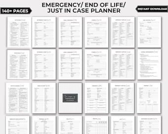 May include: A black and white printable planner with the title "Emergency/ End of Life/ Just in Case Planner" and the text "140+ Pages" and "Instant Download". The planner is divided into sections with titles such as "After Death Contact", "Retirement Funds", "Family Emergency", "Funeral Arrangements", "Emergency Supplies", and "Vital Records".