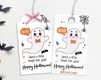 May include: Two white Halloween gift tags with a cute ghost illustration. Each tag features the text "BOO" in an orange speech bubble, along with "Here's a little treat for you!" and "Happy Halloween!"
