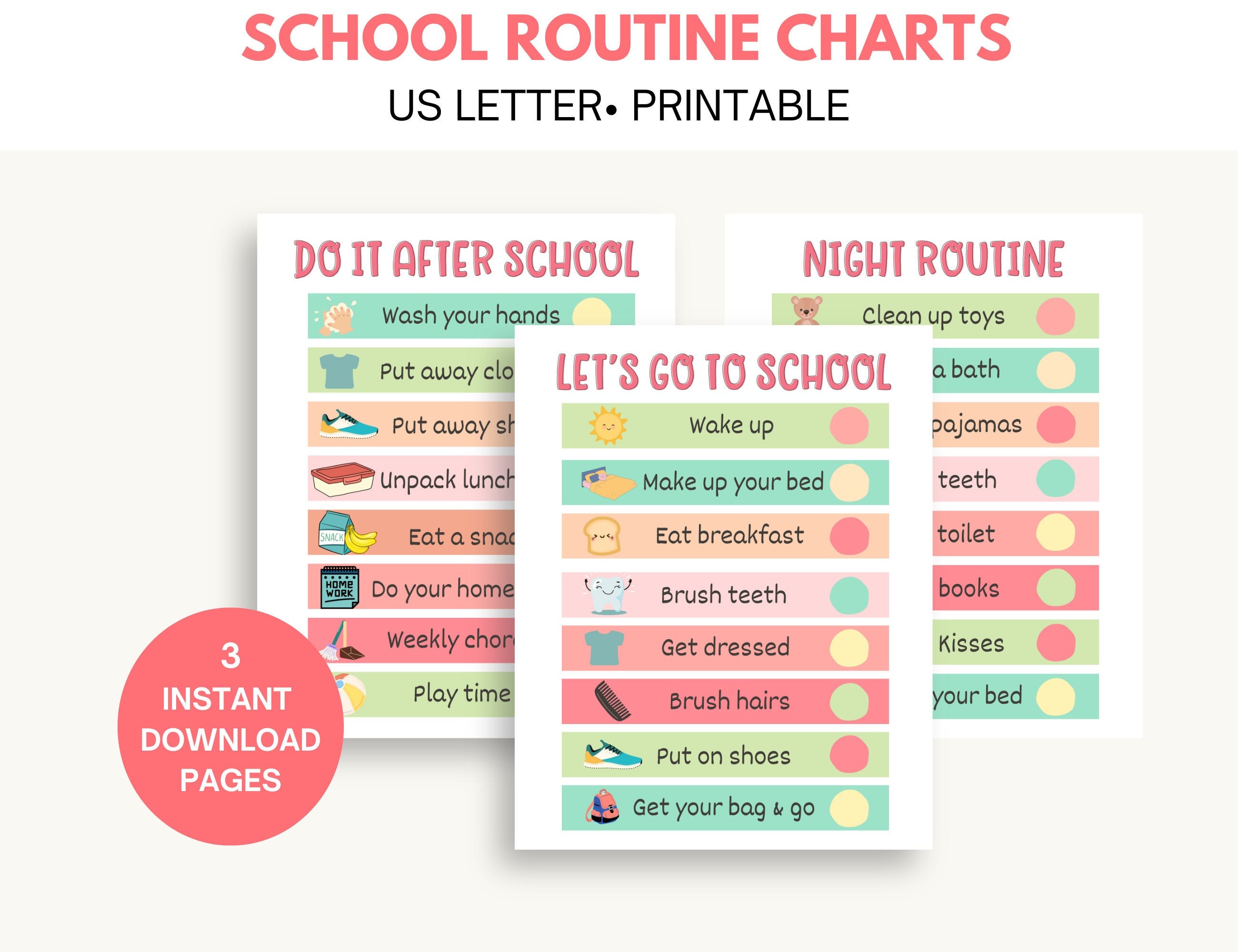 School Routine Chart Printable Kids Daily School Schedule Checklist, School Routine Chart, Morning and ...