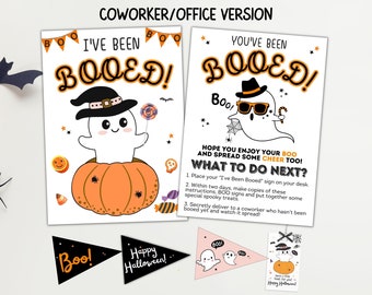 May include: Halloween-themed office decor featuring two signs with the text "I've Been Booed!" and "You've Been Booed!" along with instructions. The signs include cartoon ghosts, pumpkins, and candy. Also included are pennant banners that say "Boo!" and "Happy Halloween!"