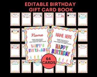 Birthday Gift Card Book, Editable Printable Open When Birthday Gift Card Album, DIY Birthday Gift For Kids College Student Teens Adults