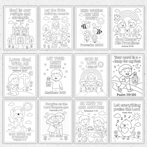 May include: A collection of twelve black and white colouring pages featuring inspirational quotes and illustrations. Each page has a different Bible verse and image, including a rainbow, a lion, and a heart. The pages are designed for children.