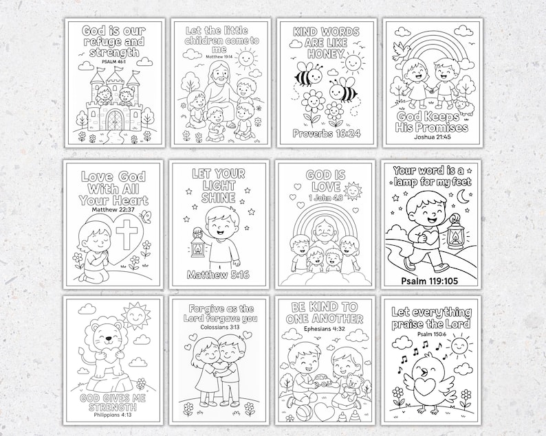 May include: A collection of twelve black and white colouring pages featuring inspirational quotes and illustrations. Each page has a different Bible verse and image, including a rainbow, a lion, and a heart. The pages are designed for children.
