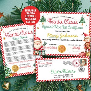 以下が含まれることがあります： サンタクロースからの手紙、良い子リストの証明書、封筒がセットになったクリスマスをテーマにした文房具。デザインにはサンタクロース、エルフ、クリスマスツリー、お祝いの赤と白のボーダーが含まれています。文房具は休日の画像で飾られています。