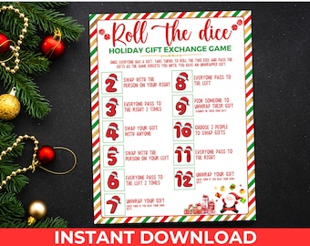 May include: A printable game card for a holiday gift exchange game. The card has a red, white, and green striped background with a white center. The center has the title "Roll the Dice Holiday Gift Exchange Game" and instructions for playing the game. The card has 12 numbered squares with instructions for each number. The instructions include things like "Swap with the person on your right", "Everyone pass to the left", and "Unwrap your gift".