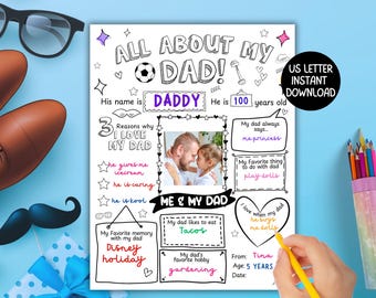 All About My Dad Printable Fathers Day Card  Questionnaire, DIY Fathers Day Gift from Kids, Fathers Day Kids Coloring Activity, Worksheet