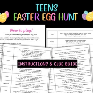 May include: A printable Easter egg hunt game for teens, featuring colorful Easter eggs and instructions. The game includes clues and riddles to solve, perfect for an Easter celebration.