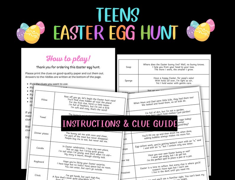 May include: A printable Easter egg hunt game for teens, featuring colorful Easter eggs and instructions. The game includes clues and riddles to solve, perfect for an Easter celebration.