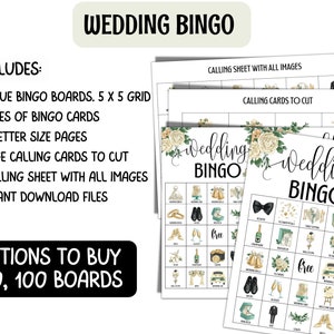 K&ouml;nnte beinhalten: Druckbares Hochzeit-Bingo-Spiel mit 5x5-Rasterkarten, Rufkarten und einem Rufblatt. Enth&auml;lt zwei Gr&ouml;&szlig;en von Bingokarten, US-Letter-Formate und sofortige Download-Dateien. Optionen zum Kauf von 50 oder 100 Karten.