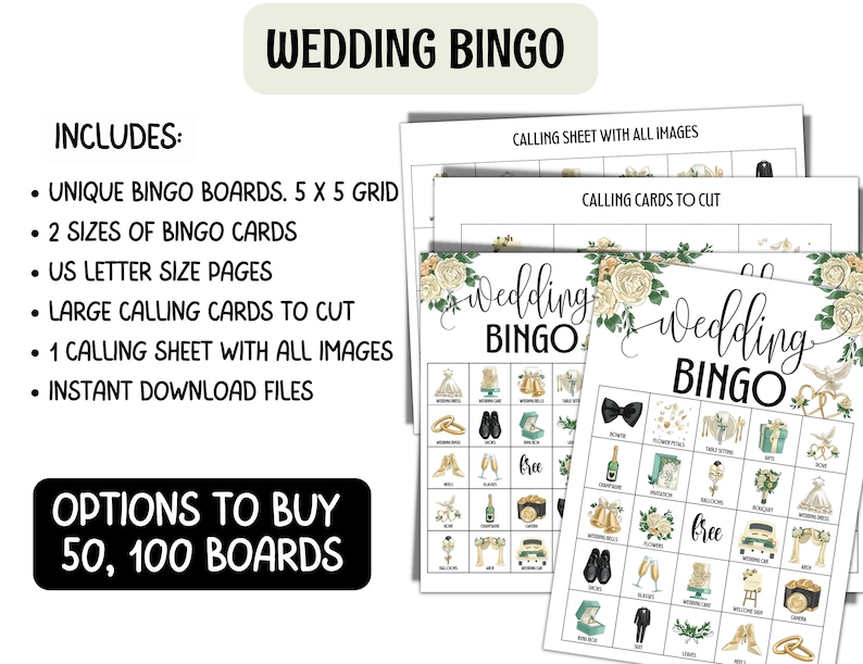 K&ouml;nnte beinhalten: Druckbares Hochzeit-Bingo-Spiel mit 5x5-Rasterkarten, Rufkarten und einem Rufblatt. Enth&auml;lt zwei Gr&ouml;&szlig;en von Bingokarten, US-Letter-Formate und sofortige Download-Dateien. Optionen zum Kauf von 50 oder 100 Karten.