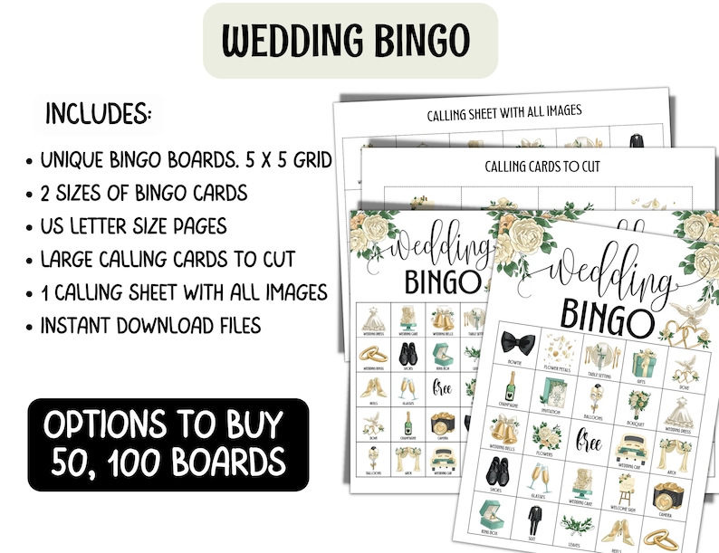 100 Wedding bingo cards, Wedding reception games, Wedding party table games for adults, Kids activity, Wedding shower, Bachelorette games zdjęcie 2