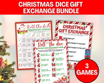 May include: Three Christmas-themed game printables. The top banner reads "CHRISTMAS DICE GIFT EXCHANGE BUNDLE". The games include "Roll the Dice" and "Christmas Gift Exchange". A red circle with "3 GAMES" is in the bottom right.