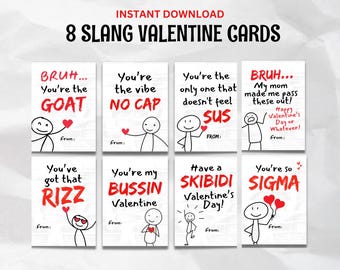 Kids Slang Valentine's Day Cards Funny, Boys Valentines Cards, Teen Tween Gen Z, Gen Alpha School Classroom Valentine Cards, Slang Valentine