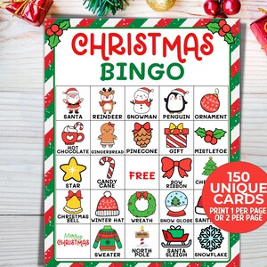 150 Cartões de Bingo de Natal, Jogos de Natal para Grupos Grandes, Jogos de Natal Divertidos para Imprimir, Bingo de Natal para Crianças Evento de Festa de Natal Igreja