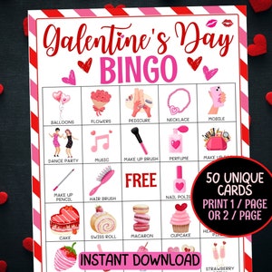 Printable Galentines bingo, Galentines day games, Galentines party games, Valentines bingo, 50 bingo cards, Teens Girls Ladies night game