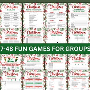 May include: A collection of Christmas-themed party games, including charades, word puzzles, and trivia. Each game card features festive red and green designs with holly and berry accents. The text "37-48 FUN GAMES FOR GROUPS" is prominently displayed.