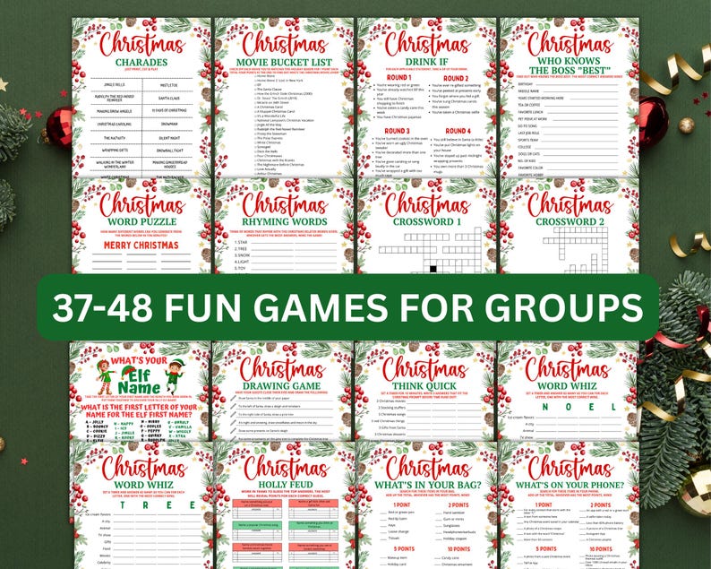 May include: A collection of Christmas-themed party games, including charades, word puzzles, and trivia. Each game card features festive red and green designs with holly and berry accents. The text "37-48 FUN GAMES FOR GROUPS" is prominently displayed.
