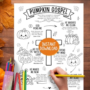 Könnte beinhalten: Ein schwarz-weißes, druckbares Arbeitsblatt mit dem Titel PUMPKIN GOSPEL, das ein zentrales Kreuz, sechs nummerierte Schritte mit Kürbisillustrationen und religiösen Text enthält. Die Seite bietet Anleitungen zum Ausmalen und Nachdenken.