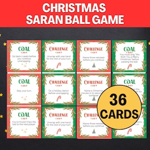 May include: A Christmas Saran Ball Game with 36 cards. The game cards have red and green borders with various challenges and goals. The text on the cards includes phrases like "Unwrap with one hand" and "Sing We Wish You a Merry Christmas."
