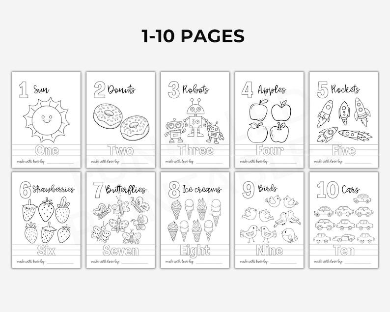 Puede incluir: P&aacute;ginas para colorear imprimibles en blanco y negro que presentan los n&uacute;meros del 1 al 10 con ilustraciones correspondientes. Cada p&aacute;gina incluye el n&uacute;mero, la palabra para el n&uacute;mero y una l&iacute;nea para que el ni&ntilde;o escriba el n&uacute;mero. Las ilustraciones incluyen un sol, donas, robots, manzanas, cohetes, fresas, mariposas, conos de helado, p&aacute;jaros y coches.