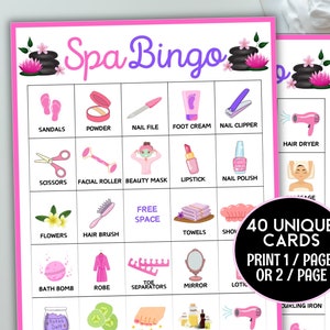 Bingo au spa, jeu de fête au spa, 40 cartes de bingo pour fête au spa, jeu de la journée au spa, jeu d'anniversaire pour la fête du spa pour filles, soirée cocooning, soirée manucure, pédicure