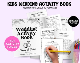 Könnte beinhalten: Ein weißes "Wedding Activity Book" mit dem Text "Kids Wedding Activity Book" und "Just Printable or Edit to Add Names". Das Buch enthält über 40 Aktivitätsseiten mit editierbaren Namen. Eine Hand hält einen gelben Bleistift.