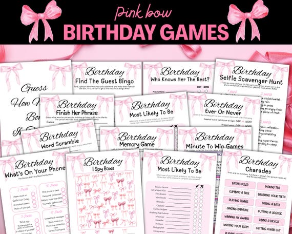 Pink Bow Girls Birthday Party Games, Printable Coquette Birthday Games, Girls Birthday Games, Tween Teen Girl Pink Bow Party Games