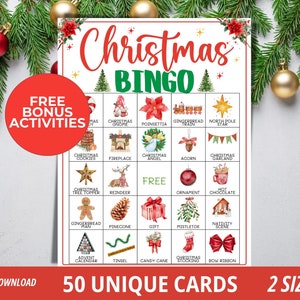 May include: A Christmas Bingo game card with a red and green design. The card features various Christmas-themed images and the text "Christmas Bingo." A red circle with "Free Bonus Activities" is on the left. The bottom text reads "50 Unique Cards" and "2 Sizes."