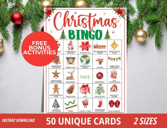Christmas Bingo, 50 Printable Xmas Bingo Cards, Fun Family Christmas Game For Kids Adults, Classroom Activity, Kids Party Game, Office Party