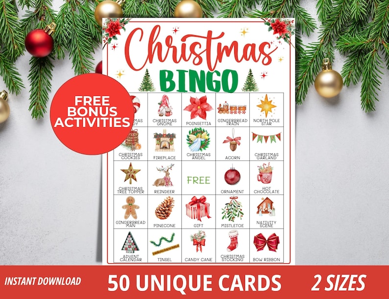 May include: A Christmas Bingo game card with a red and green design. The card features various Christmas-themed images and the text "Christmas Bingo." A red circle with "Free Bonus Activities" is on the left. The bottom text reads "50 Unique Cards" and "2 Sizes."