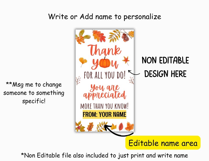 May include: A rectangular card with a fall theme. The card has a white background with orange and yellow autumn leaves and a pumpkin. Text on the card reads "Thank you for all you do! You are appreciated." There is an editable name area.