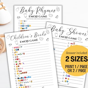 May include: Three white paper game sheets for a baby shower, with the titles "Baby Rhymes Emoji Game", "Children's Books Emoji Game", and "Baby Shower Emoji Game". The games feature emoji puzzles. A yellow circle states "Answer included 2 sizes print 1/page or 2/page".