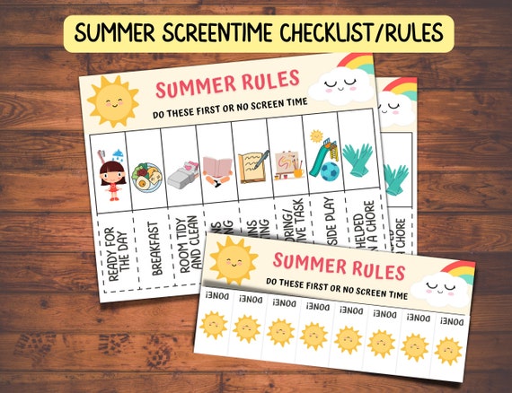 Summer Rules, Kids Summer Chore Chart, Summer Screen Time Checklist, Printable chore list, summer rules checklist