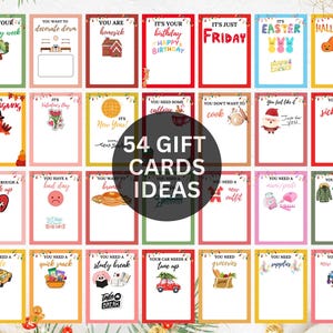 Puede incluir: Una colecci&oacute;n de 54 ideas para tarjetas de regalo, cada una con un dise&ntilde;o y mensaje &uacute;nicos. Las tarjetas presentan bordes coloridos e ilustraciones festivas para ocasiones como cumplea&ntilde;os, d&iacute;as festivos y sentimientos cotidianos. El texto incluye "It's Your Birthday Week" y "You Need a Quick Snack."