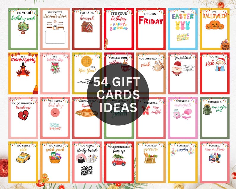 Puede incluir: Una colecci&oacute;n de 54 ideas para tarjetas de regalo, cada una con un dise&ntilde;o y mensaje &uacute;nicos. Las tarjetas presentan bordes coloridos e ilustraciones festivas para ocasiones como cumplea&ntilde;os, d&iacute;as festivos y sentimientos cotidianos. El texto incluye "It's Your Birthday Week" y "You Need a Quick Snack."