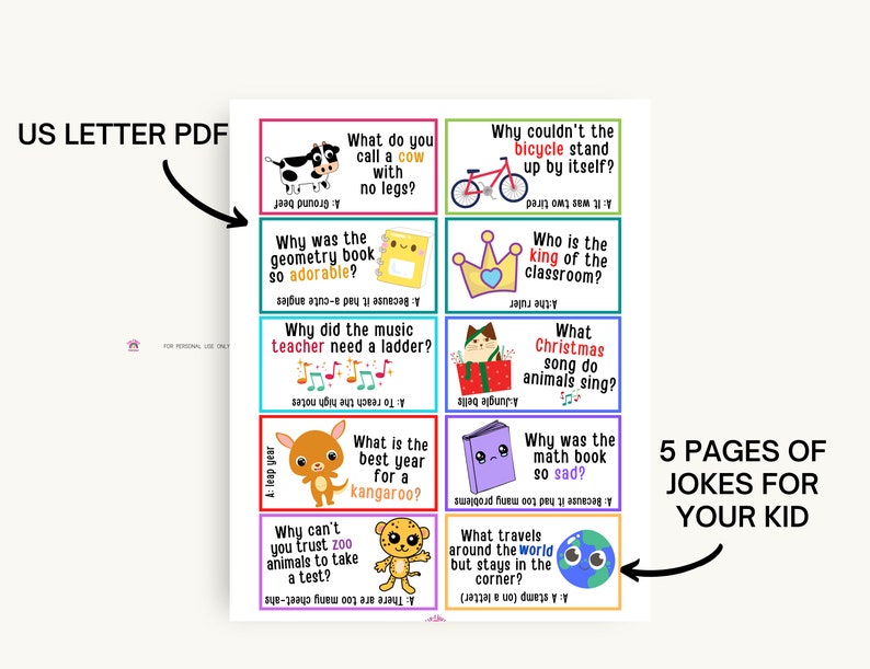 May include: Five pages of printable jokes for kids. Each page features a colorful illustration and a joke with a punchline. The jokes are about animals, school, and everyday life.