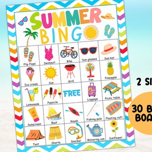 Summer Bingo, Summer Party Games, 100 Summer Bingo Cards, Fun Summer Activities, Kids Summer School Camp Birthday Family Bingo printable