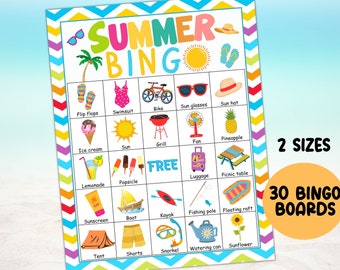 Summer Bingo, 30 Summer Bingo Cards Printable, Fun Summer Games Kids Activities Adults, Summer Camp, Vacation, Birthday Party Travel Games