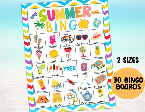 Summer Bingo, 30 Summer Bingo Cards Printable, Fun Summer Games Kids Activities Adults, Summer Camp, Vacation, Birthday Party Travel Games